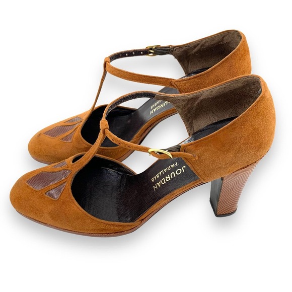 1970's CHARLES JOURDAN Paris suede and snakeskin T-strap high heel shoes - Picture 12 of 15